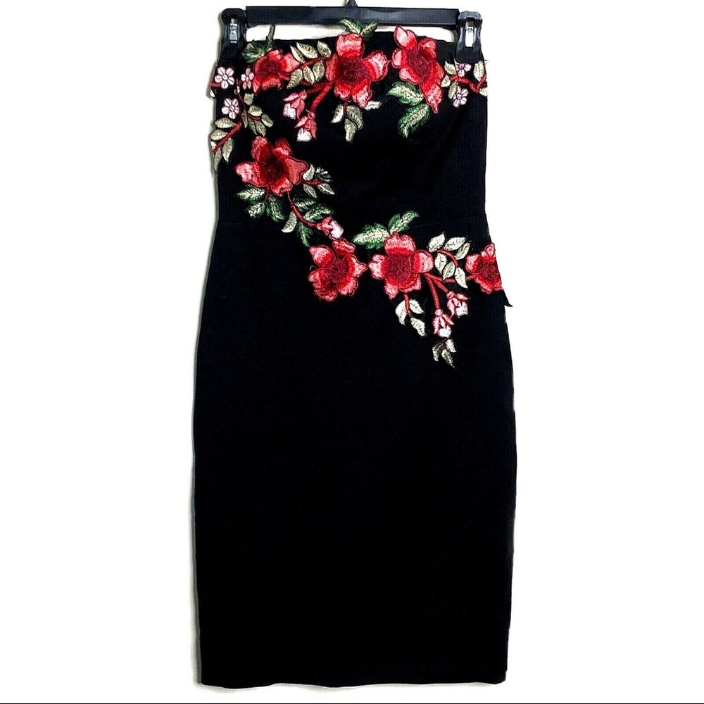 Floral Embroidered Rose Strapless Black Dress